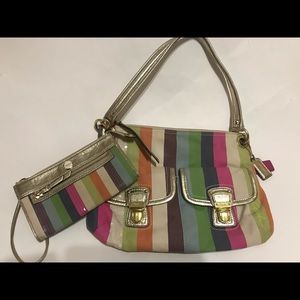 COACH MULTICOLORED STRIPED BAG AND CLUTCH